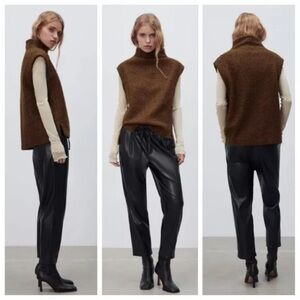 ZARA Black Faux Leather The Weekend Jogger Drawstring Pants Size Small in Black